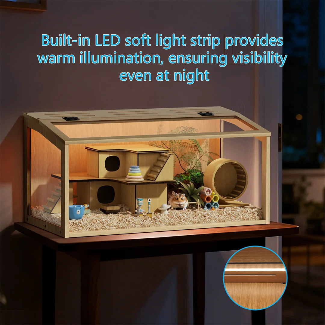 Large Natural Wooden Hamster Cage with Tempered Glass Panels Ventilation Holes And Built-in LED Light for Small Pet Habitat
