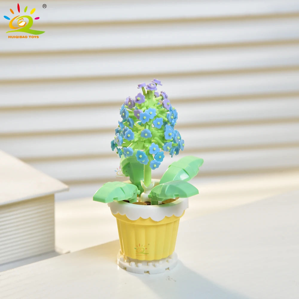 HUIQIBAO MOC Bouquet Potted Plant Micro Building Blocks Eternal Flower Model DIY Home Desk Decoration Brick Toy For Children