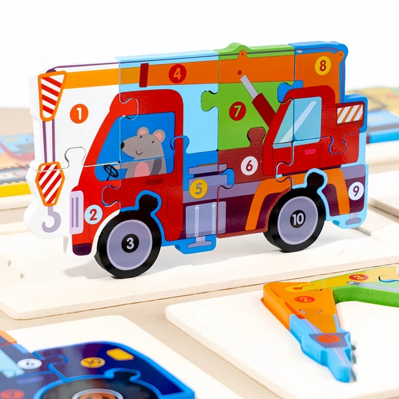 Children Montessori Wooden Puzzle Baby 3D Engineering Vehicle Jigsaw Early Education Matching Cognitive Puzzles Toys for Kids