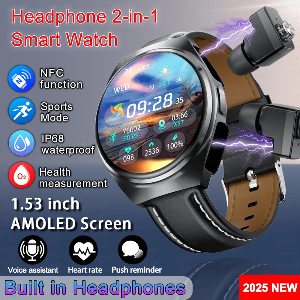 2026 New Man Smart Watch TWS Headset Two In One Wireless Bluetooth Dual Earbuds Call Health Monitor Sport Tracker NFC Smartwatch