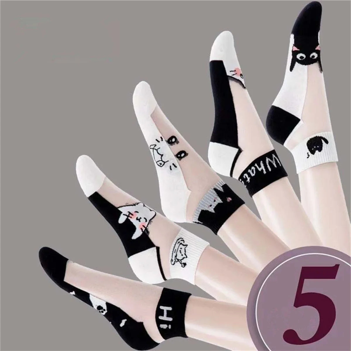 5Pairs/lot Summer Socks Black and White Cat Glass Silk Breathable Female Socks Simple Short Socks