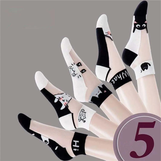 5Pairs/lot Summer Socks Black and White Cat Glass Silk Breathable Female Socks Simple Short Socks