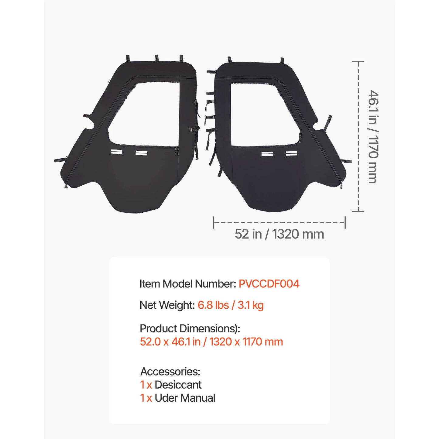 SucceBuy Cab Enclosure Upper Doors Compatible w/Polaris RZR PRO 2020-2024/Polaris RZR Turbo2022-2024 Soft Upper Doors Window Kit