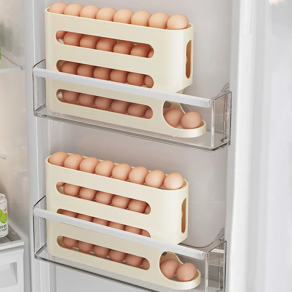 4 Layers Auto-Rolling Egg Dispenser Large Capacity Stackable Egg Organizer Automatic Scrolling Egg Rack for Refrigerator Storage