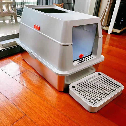 4-Style Cat Litter Box with Lid Large Kitty Litter Box Enclosed with High Sided Enclosure Scoop Non-Sticky