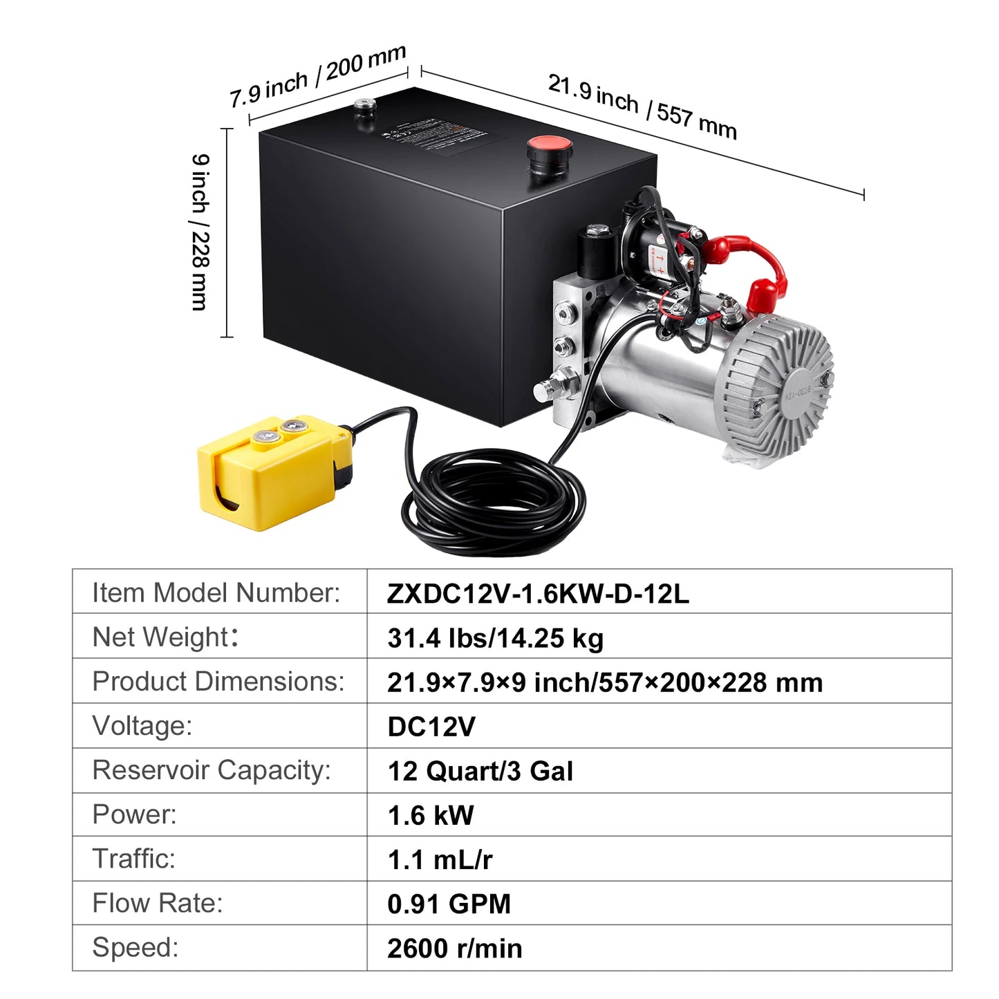 SucceBuy Hydraulic Pump 12 Quart Hydraulic Power Single Acting Dump Trailer Pump 0.91GPM Flow Rate 3200PSI Max Relief Pressure