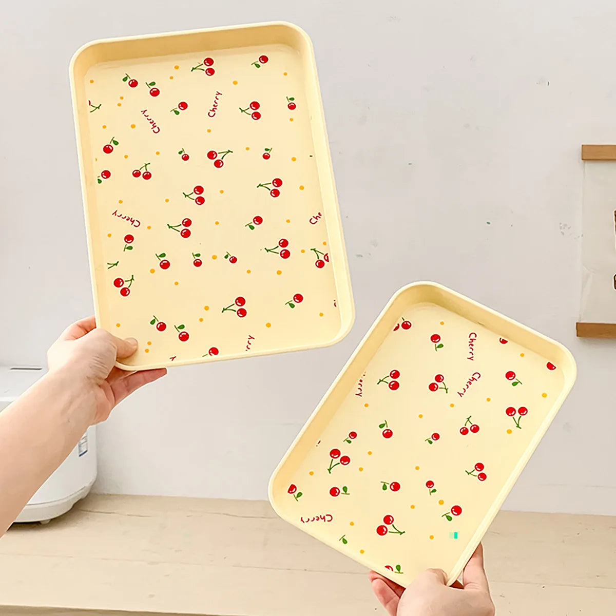 WORTHBUY Multifunctional Plastic Serving Tray Cherry Pattern Fruit Dessert Plates Kitchen Organizer Perfume Jewelry Storage Tray