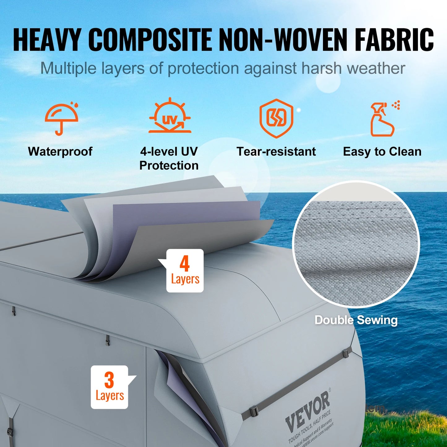 VEVOR Travel Trailer Cover RV Cover Waterproof Windproof 4-Layer Non-Woven Fabric Camper Cover with Storage Bag and Patches