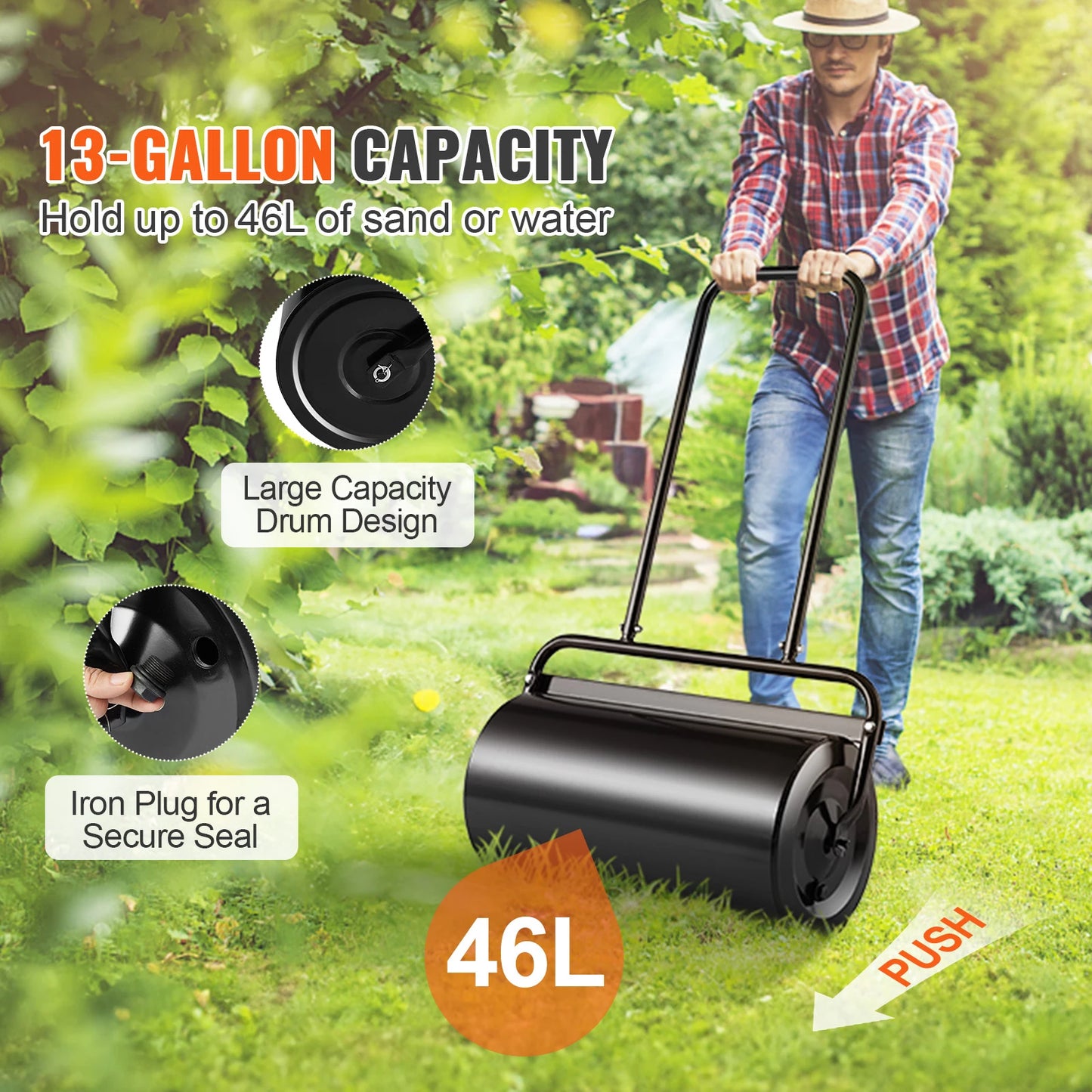 SucceBuy Lawn Roller 13 Gallon Sand/Water Filled Yard Roller Steel Sod Roller with Easy-turn Plug and U-Shaped Ergonomic Handle