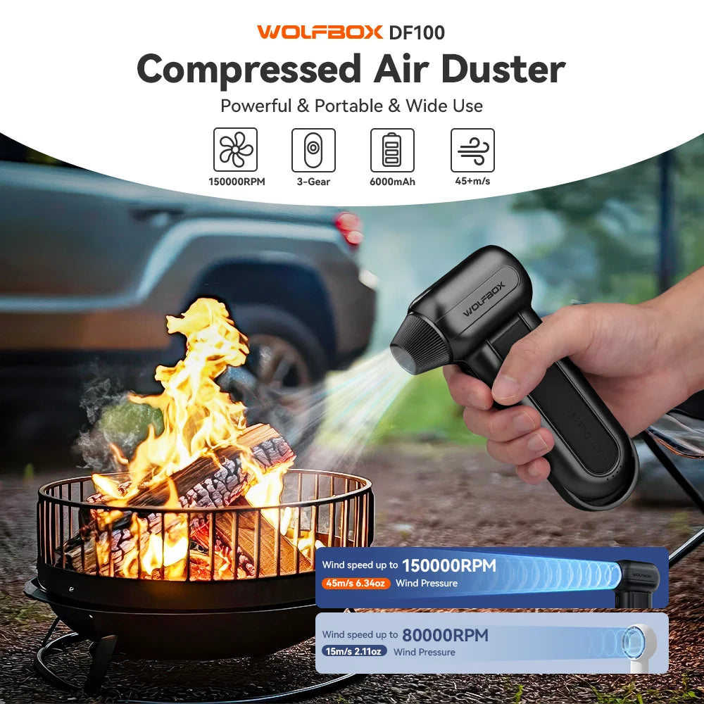 WOLFBOX DF100 Electric Air Duster Air Blower-150000RPM Super Power, Rechargeable 3-Gear Brushless Motor for Car/PC/Home/Outdoor
