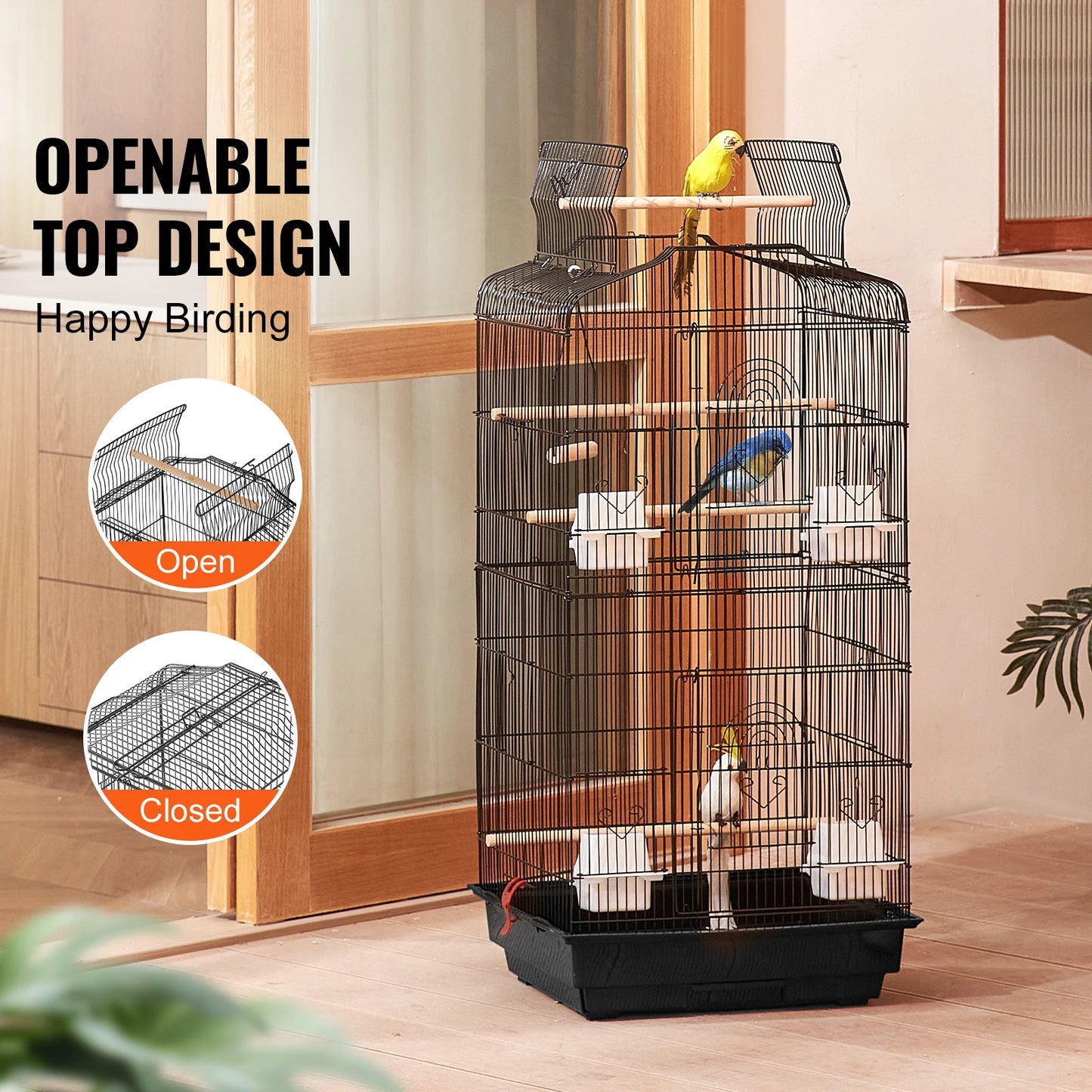 SucceBuy Open Top Large Parrot Bird Cage Hanging Bird Cage for Kinds of Birds Travel Pet Flight Birdcage with Swing and Perch