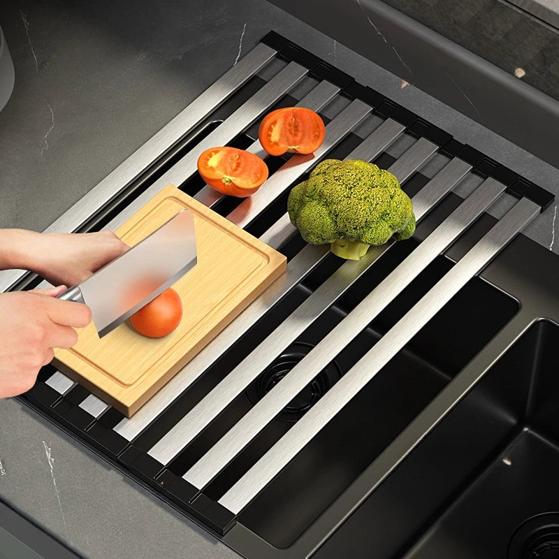 Roll Up Dish Drainer Holder 304 Stainless Steel Sink Drainshelf Food Washing Rack Foldable Towel Bowl Stand Kitchen Organizer