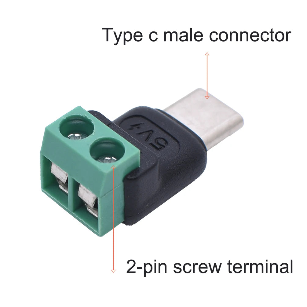 5PCS TypeC to 2 Pin Adapter No Solder Quick Connect Green Terminal for Charging Cable Phone Power Bank DIY Electronics Connector