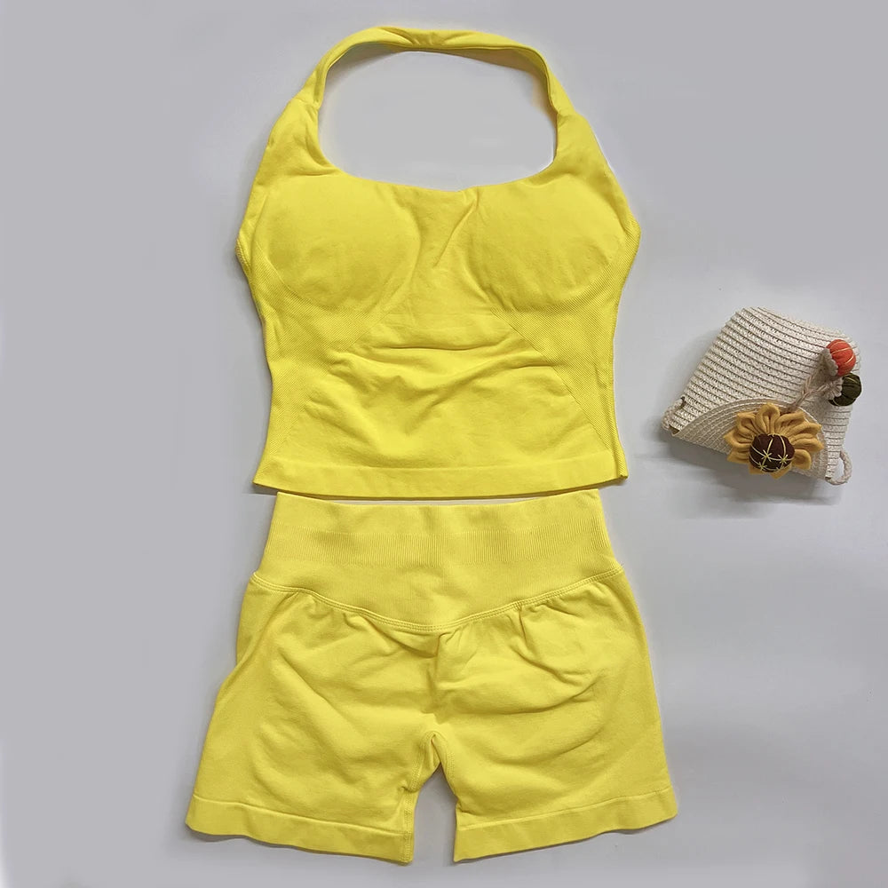 yoga outfits Women 2 pcs Sports DF Impact Set halterneck Backless Halter Top Seamless Scrunch Shorts Gym Workout Sports Suits