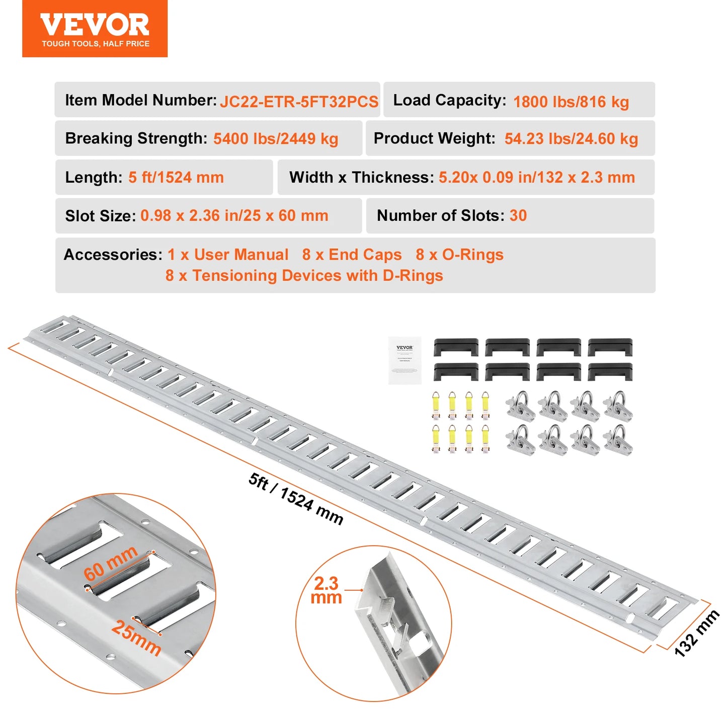 SucceBuy Universal E-Track Tie-Down Rail Kit 8 Steel Rails 2 Single Slots 8 O-Rings 8 Tie-Offs Trailer Car Securing Accessories