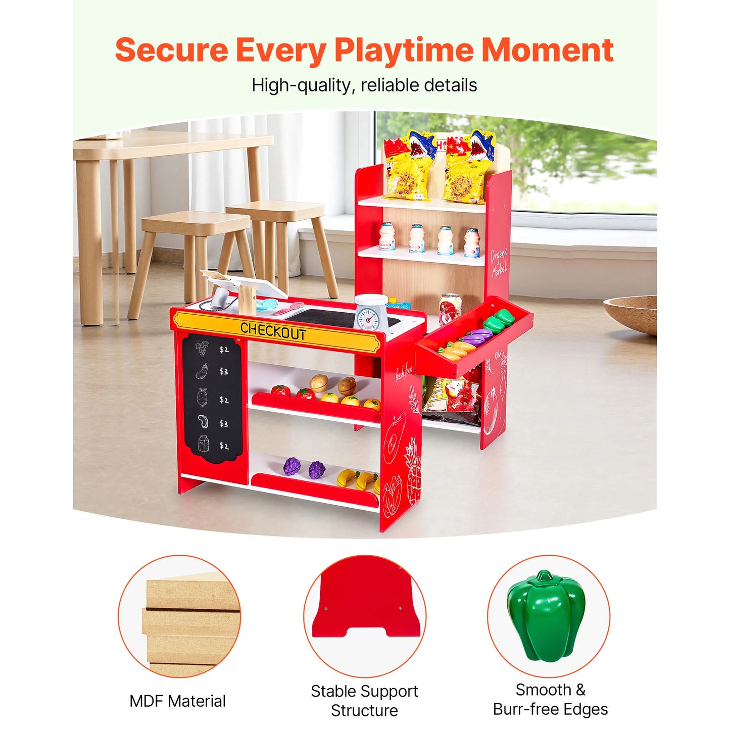 SucceBuy Kids Grocery Store Playset Wooden Play Supermarket Pretend Toy with Scanner & Cash Register for Children Birthday Gifts