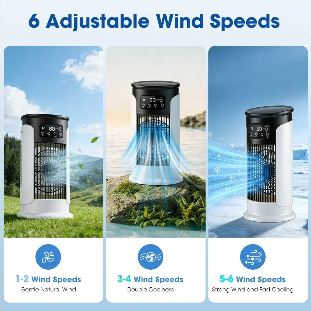 Portable Air Conditioner Fan 6 Speeds Misting Humidifier USB Desktop Cooler LED Display Timer Home Office Personal Summer