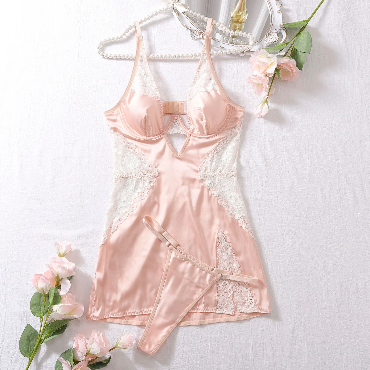 Ellolace Sexy Deep-V Neck Satin Dress Sexy Lingerie Lace Patchwork Split Sissy Night Dress Women Slip Dress Silk Nightwear