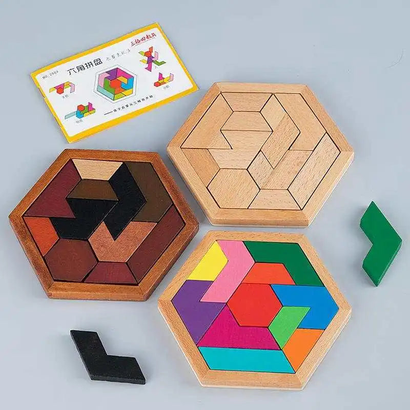 Hexagon Tangram Puzzle Wooden Brain Puzzles IQ Test Challenge Logic Training For Kids Adults Montessori Educational Toys