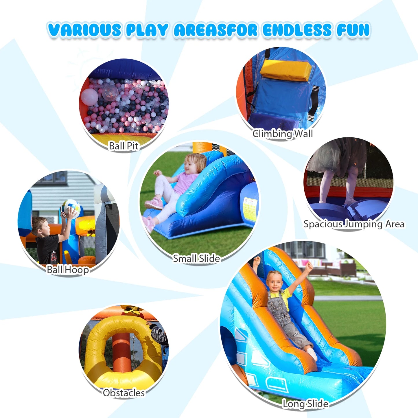 100% PVC Kids Bouncy Castle House  Inflatable Bounce House With 2 Slides Tunnels Climbing, Basketball Hoops Ball Pit, Jum