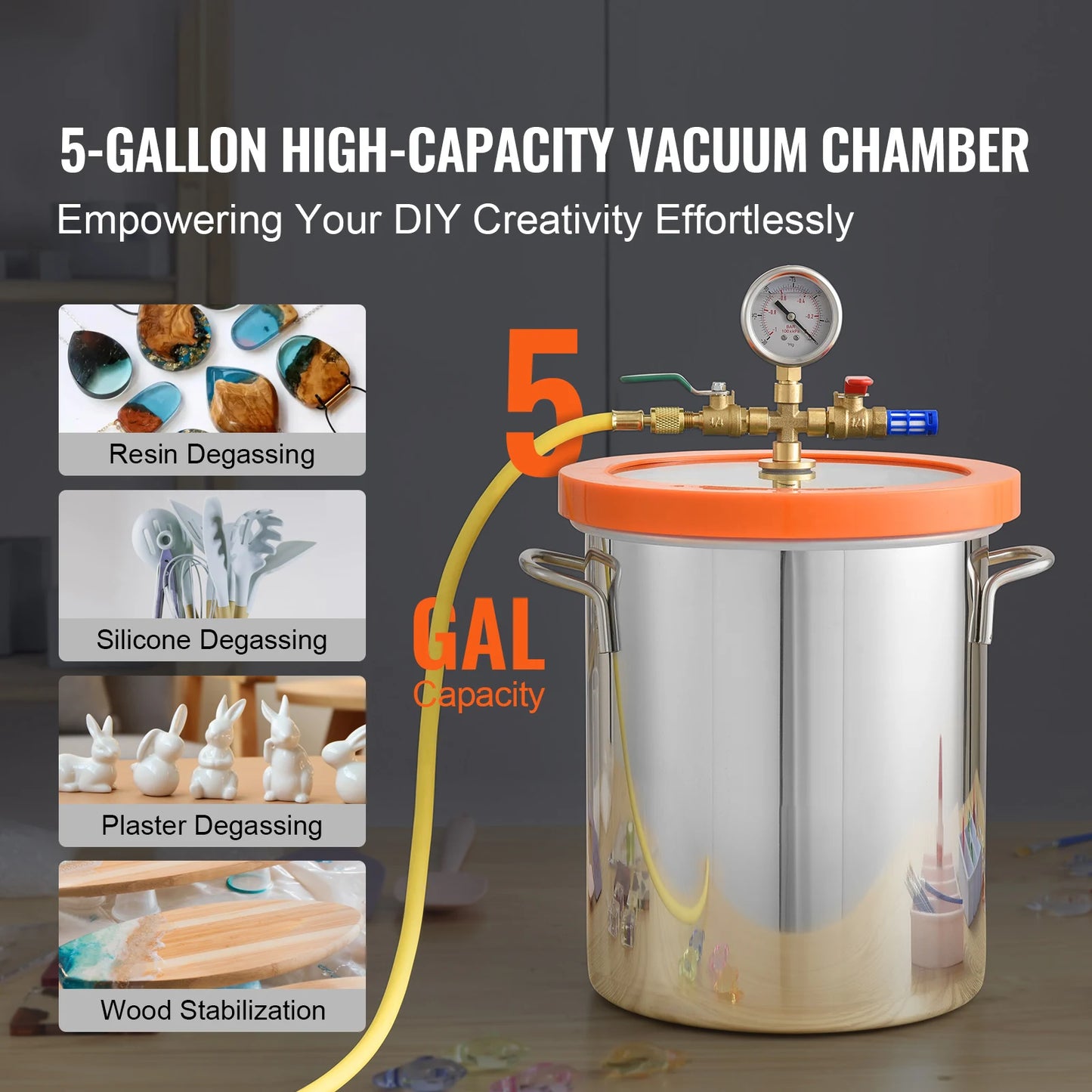 SucceBuy 5 Gal Upgraded Tempered Glass Lid Vacuum Degassing Chamber 304 Stainless Steel for Stabilizing Wood, Resin Degassing
