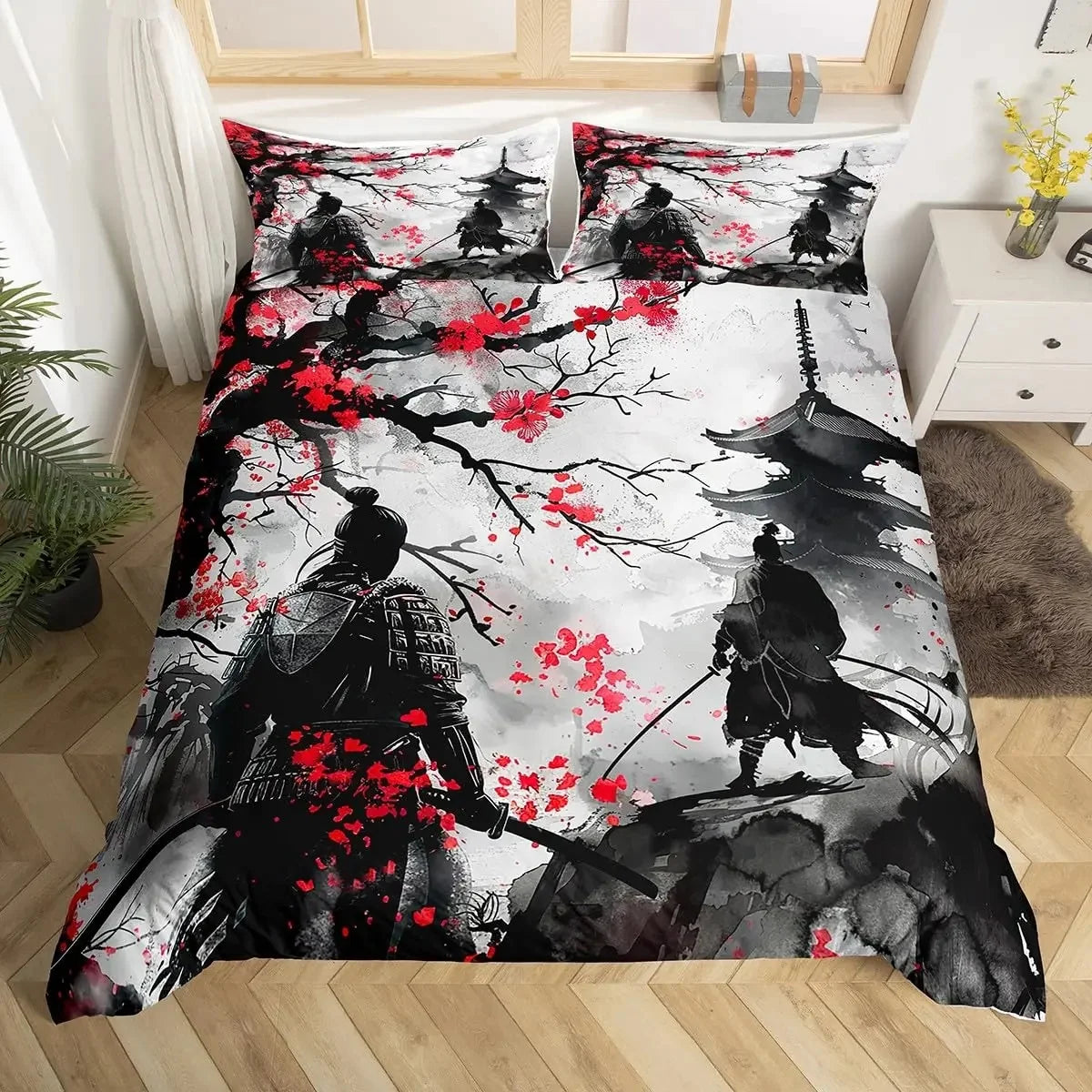 Japanese Samurai Bedding Set Full Size Cherry Blossoms Comforter Cover Red Sun Hokusai Duvet Cover Fuji Mountain Quilt Cover