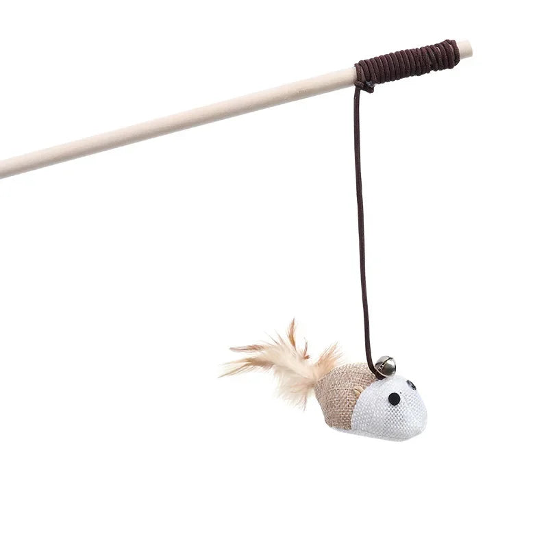 New Mouse Wooden Teasing Cat Rod Cat Toy Pet Supplies Feather Bell Wooden Rod Teasing Cat Stick
