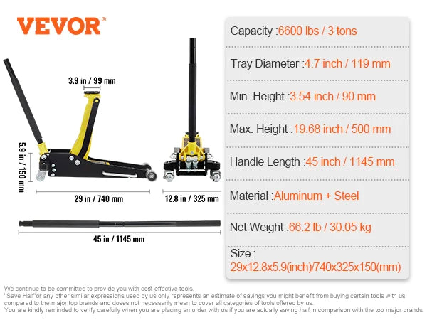 SucceBuyCar Jack 1.5-3 Ton Floor Jack Aluminum&Steel Racing Jack Single Pistons Quick Lift Pump Tire Change Lifting Repair Tool