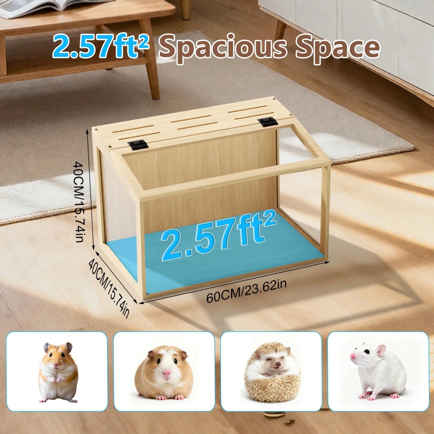 60/80CM Large Natural Wooden Hamster Cage Animal Cabinet Built-in LED Light Tabletop Hamsters Habitat for Small Pets