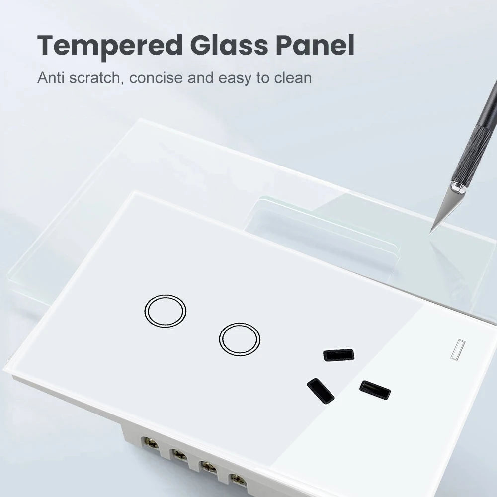 Melery AU Smart Tuya WiFi Light Switch Argentina Plug Australia Outlet Touch Glass Wall Socket Remote by Alexa & Google Home
