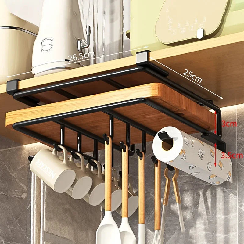 Kitchen Hanging Organizer Rack with Hooks Under Cupboard Paper Towel Rags Hanger Cutting Board Pot Cover Holder Storage 2029