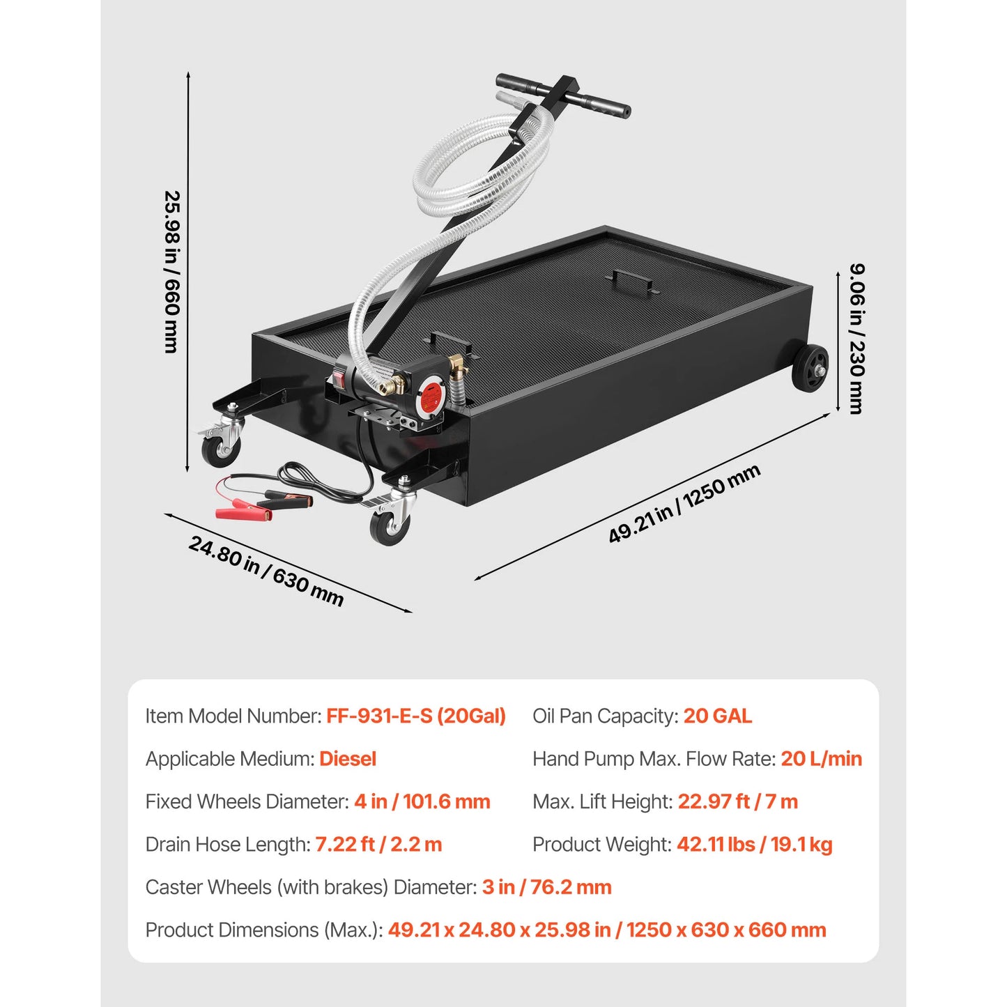 SucceBuy 15/20Gal Low Profile Oil Drain Pan Car Rolling Oil Drain Pan with Electric Pump & 7.2ft Hose for SUV Trucks Motorcycles