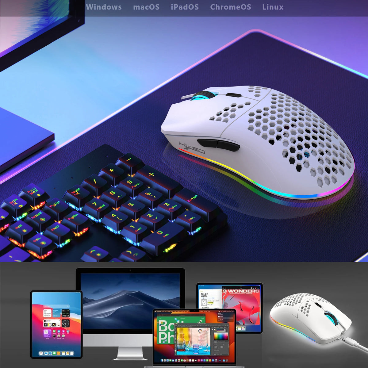HXSJ T66 3-Mode 10000DPI Gaming Wireless Mouse RGB Luminous 650mAh Rechargeable 6 Buttons Macro Programmable Mice for PC Desktop