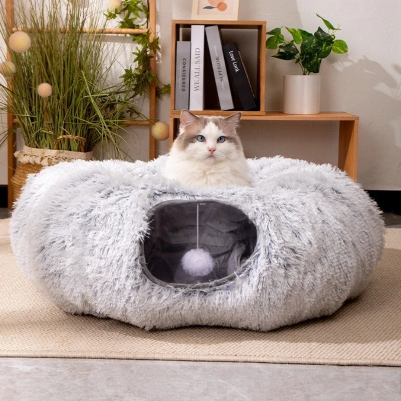 Foldable Plush Cat Tunnel Bed: Insulated Winter Cat Cave with Peek-Holes, Convertible Snuggle Pod for Indoor Cats