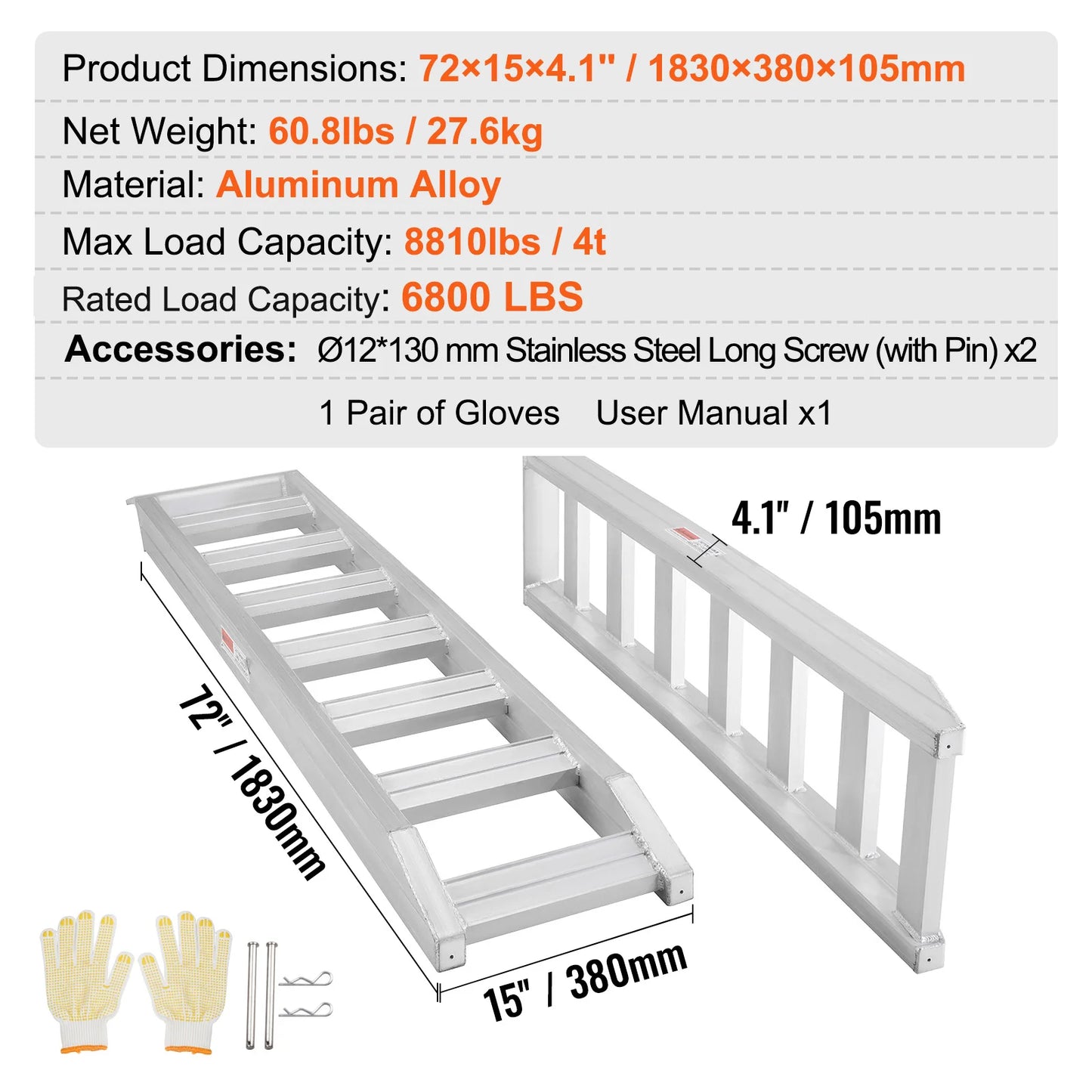 SucceBuy Aluminum Ramps 8810lbs Heavy-duty Ramp with Top Hook Attaching End Universal Loading Ramp for Motorcycle Tractor Truck