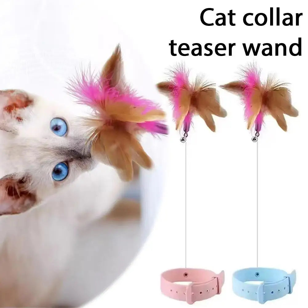 Interactive Cat Collar Toy Teasing Wand with Colorful Feathers and Bell Adjustable Design Self Playing Toy Pet Cat Teaser Wand