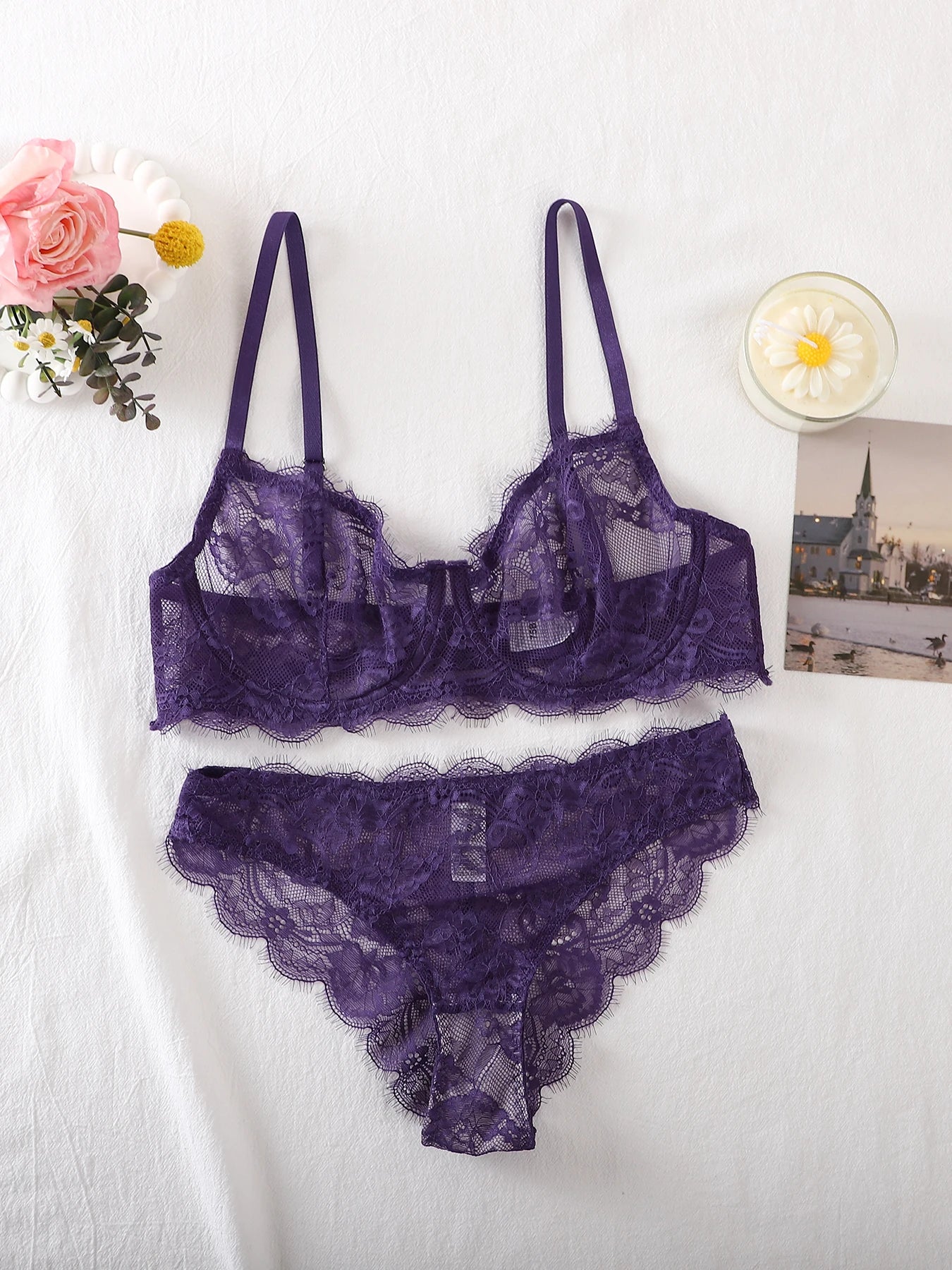 2-Piece Set - Lace Bra + Panties Set - See-Through Lace Lingerie Set  - Lace Women's Lingerie Set - Sexy Lingerie Set