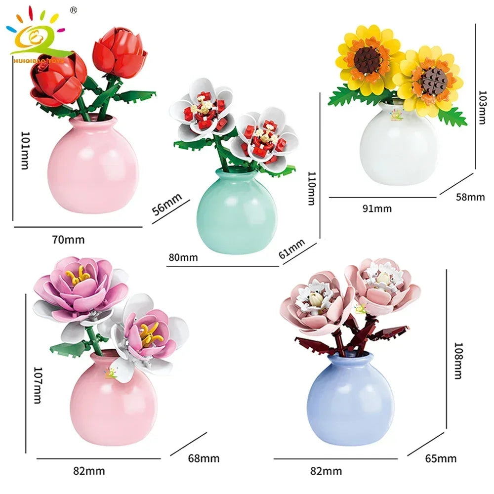 HUIQIBAO MOC Flower with Vase Model Building Block DIY Eternal Bouquet Home Desk Desk Plant Decor Brick Girl Gift Children Toy
