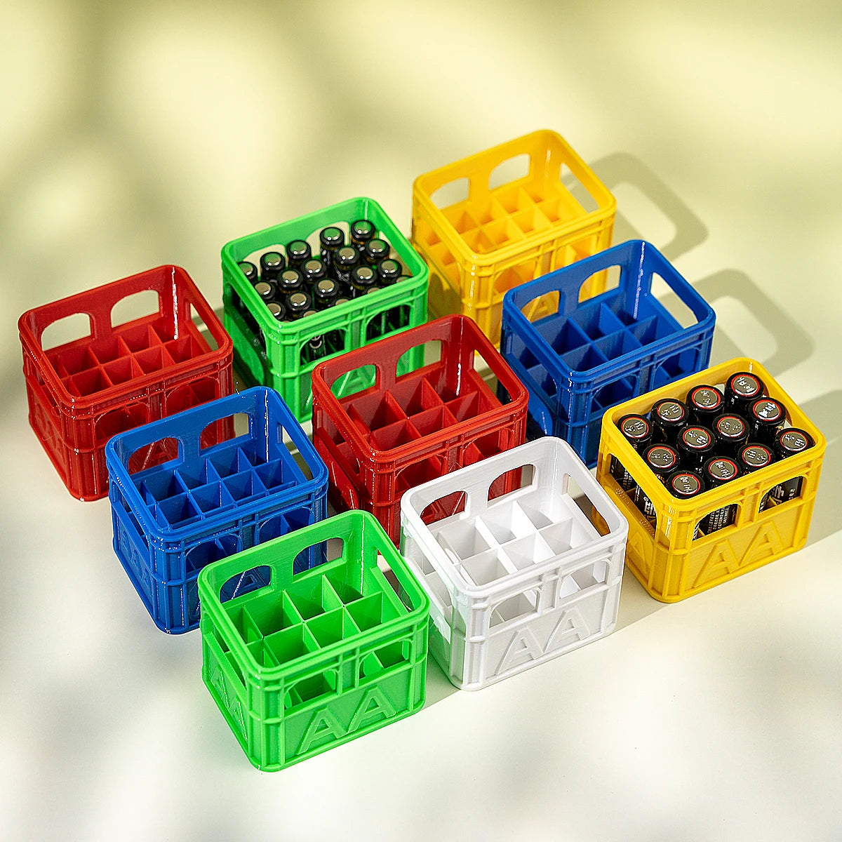 3D printed beer crate style stackable battery storage box, AA and AAA sizes, 18650 21700 9V.
