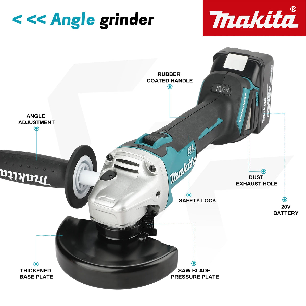 Makita DGA504 Cordless Angle Grinding Tool 125mm Wheel 8500r/min Brushless Drive for Metal Cutting Polishing Jobs