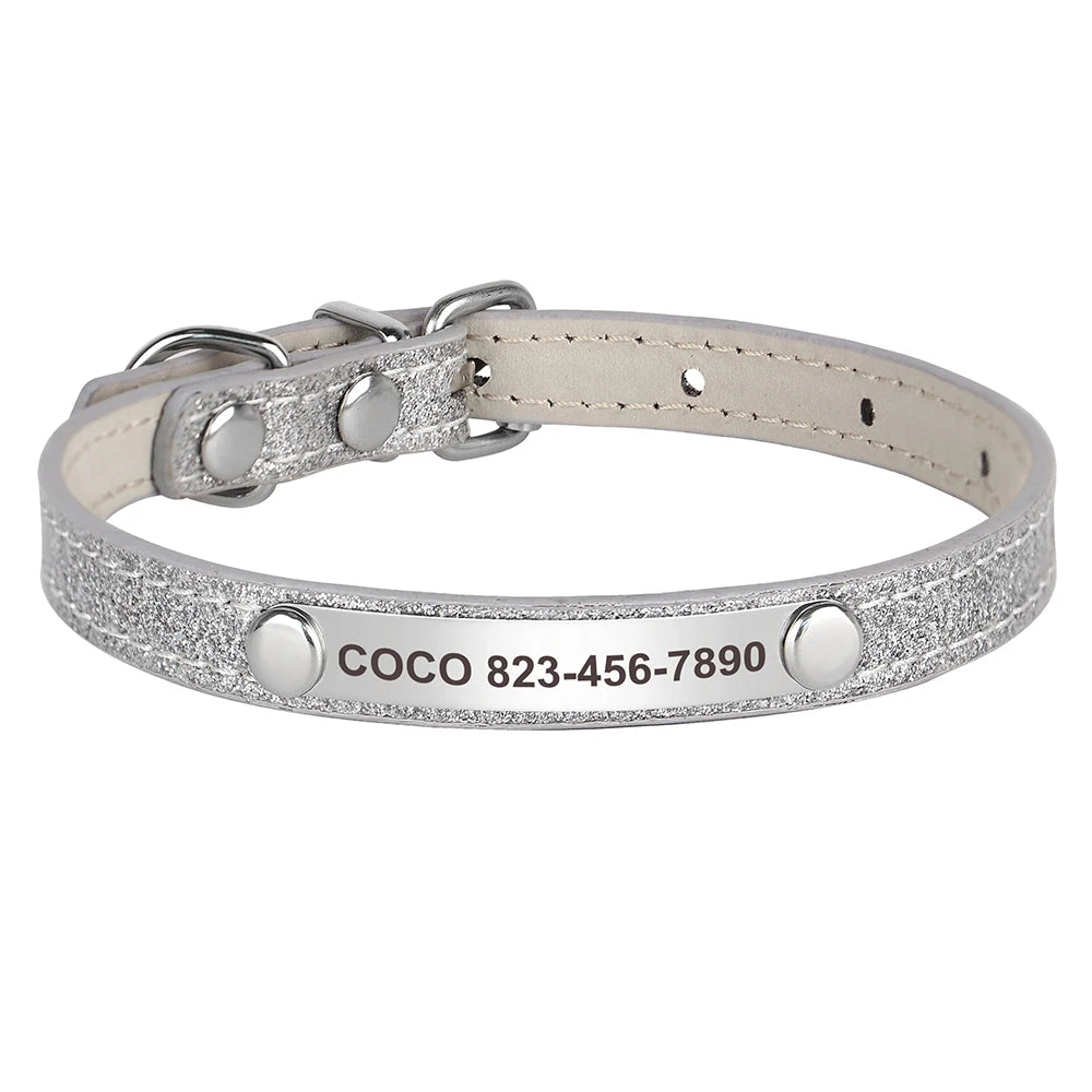 Personalized Cat Collar Custom Leather Cat Collars Free Engraved Puppy Kitten ID Necklace Bling Pet Collars for Small Dogs Cats