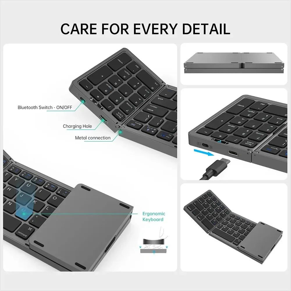 Tri-Fold Bluetooth Keyboard Portable Mini Keyboard Rechargeable Keyboard Mute Wireless Keyboard For Laptop Windows Android IOS