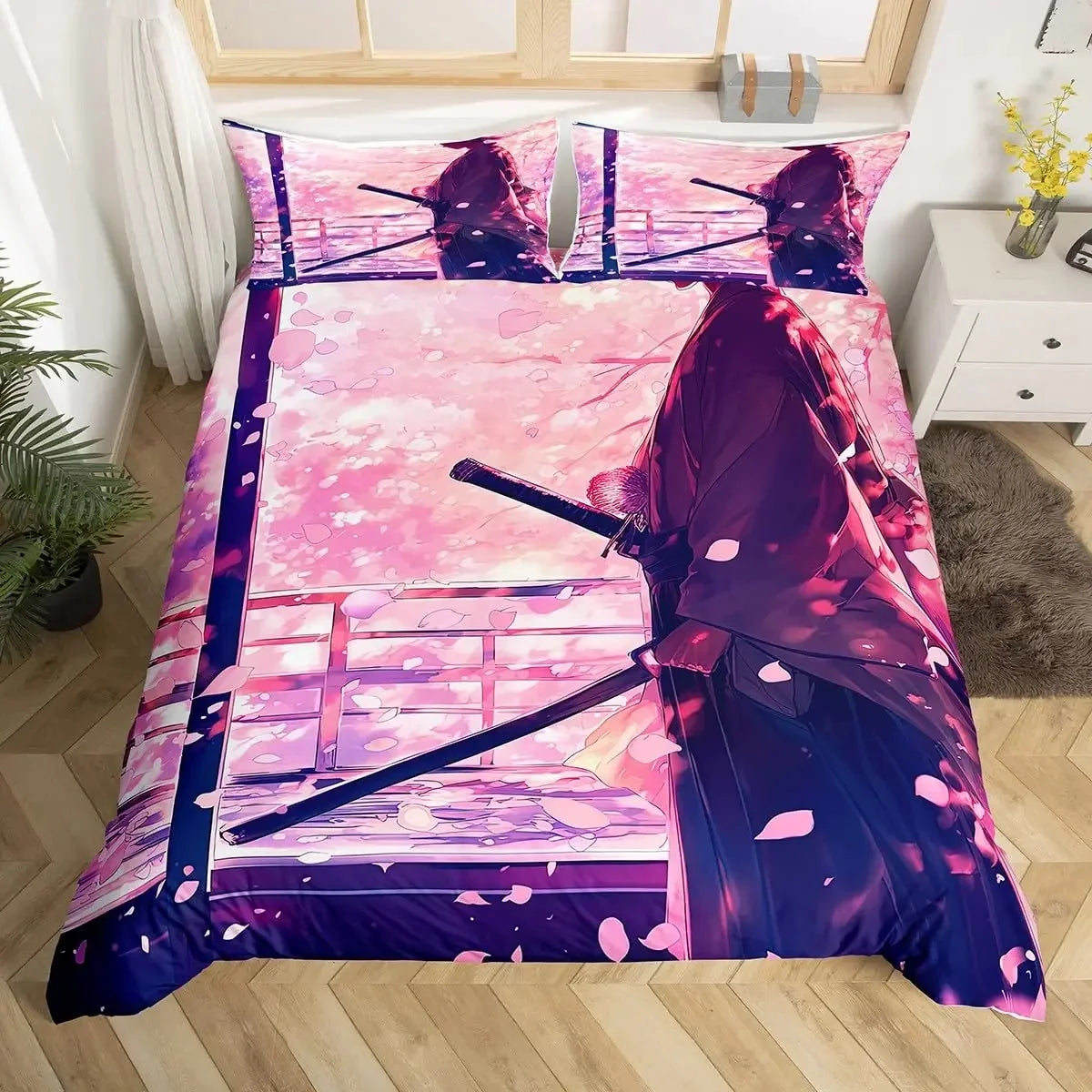 Japanese Samurai Bedding Set Full Size Cherry Blossoms Comforter Cover Red Sun Hokusai Duvet Cover Fuji Mountain Quilt Cover
