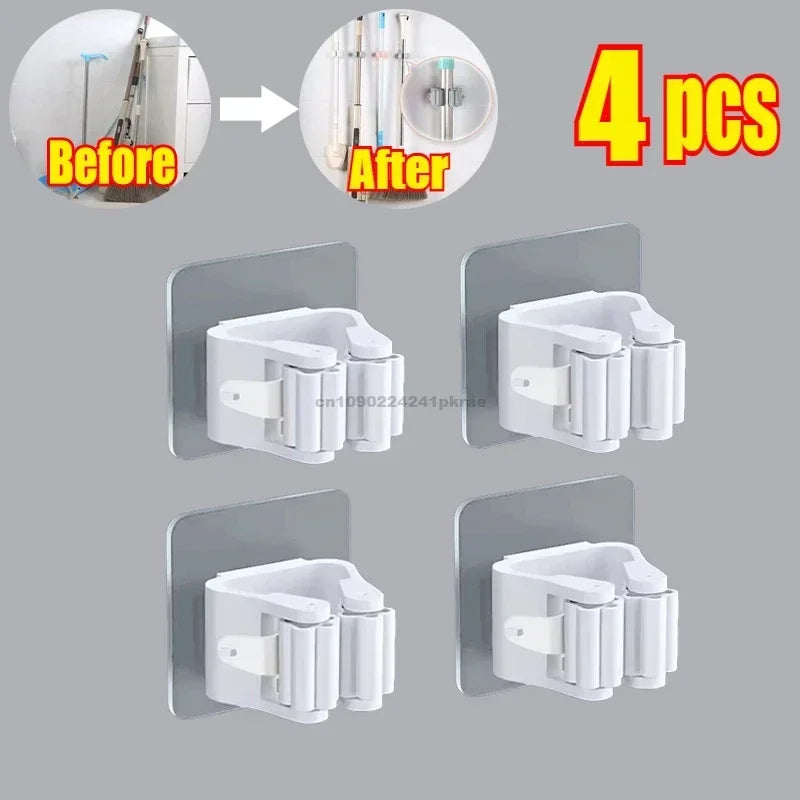 Household Bathroom Non Perforated Mop Holder, Broom Holder, and Card Holder Self-adhesive Mop Holder Kitchen Accessories