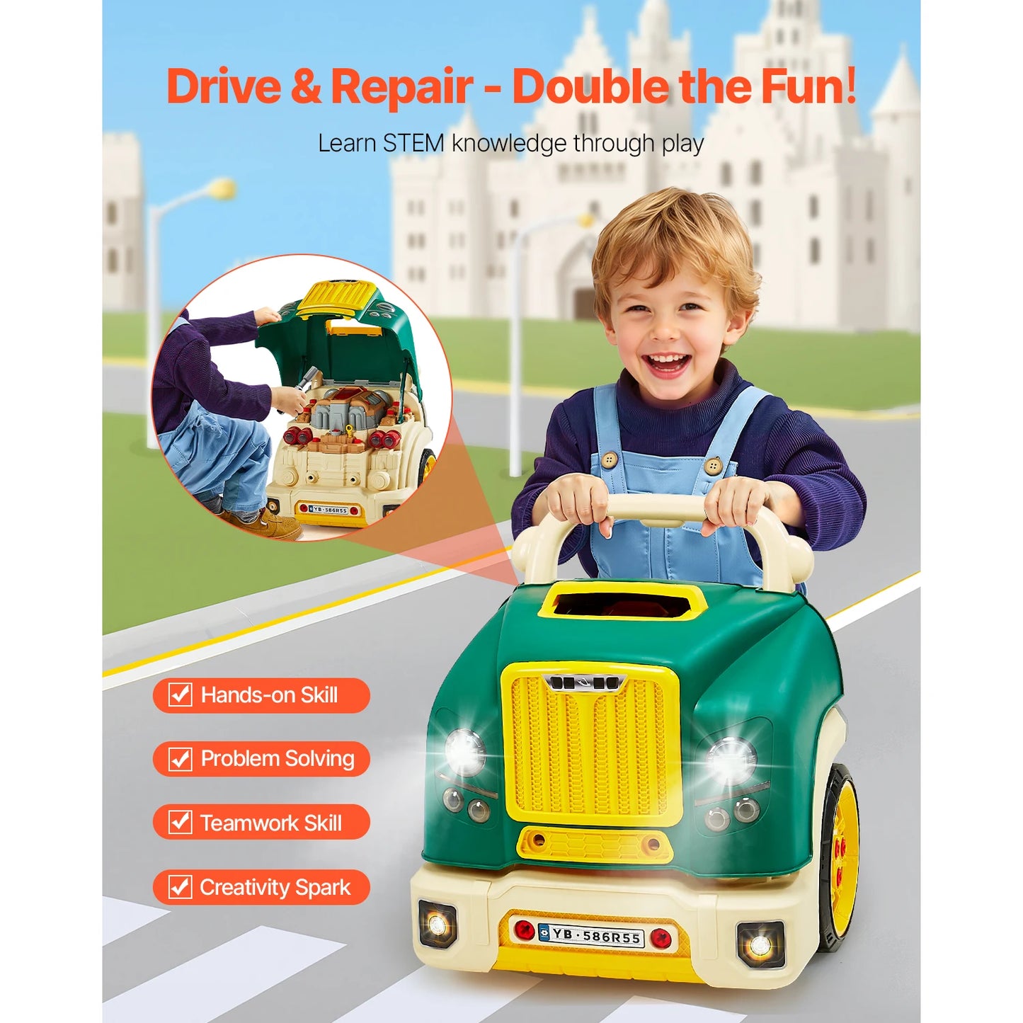 SucceBuy 60 Pcs Kids Mechanic Car Repair Set with Removable Parts & Horn Workshop Set Engine Toy for Toddler Children Gifts