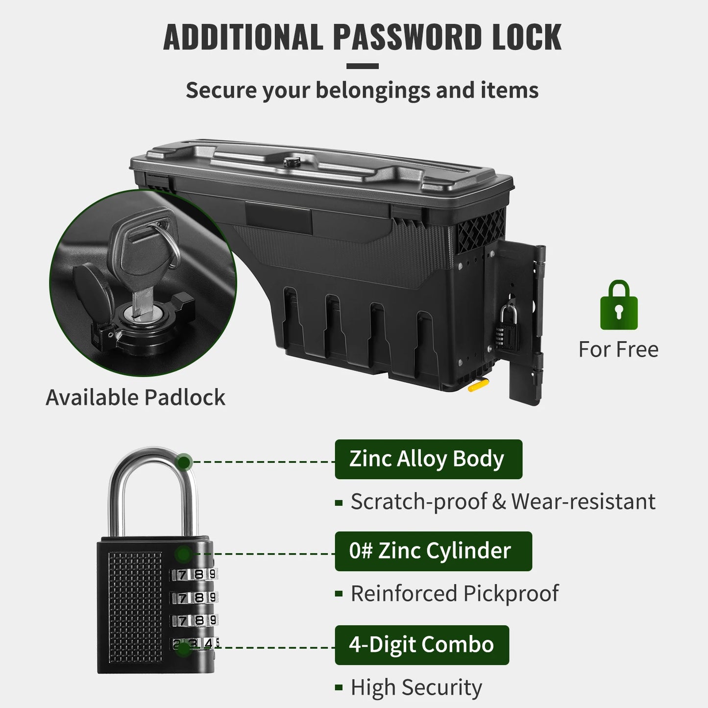 SucceBuy  Truck Bed Storage Box Passenger Side Lockable Lid Waterproof ABS Wheel Well with Password Padlock Tool Box for Trucks