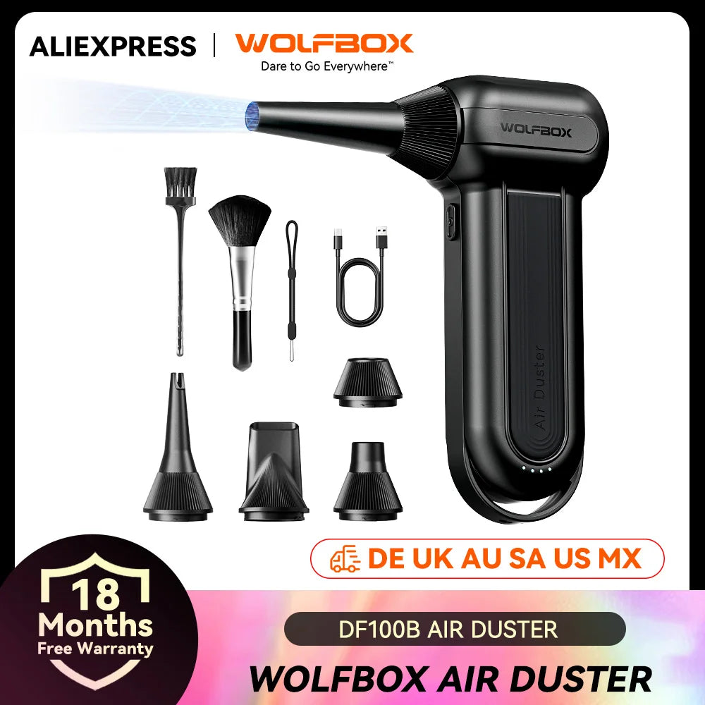 WOLFBOX Compressed Air Duster( MF100-BLACK) 3-Speed Adjustable Mini Blower for Computer Keyboard, Car Cleaning, Home