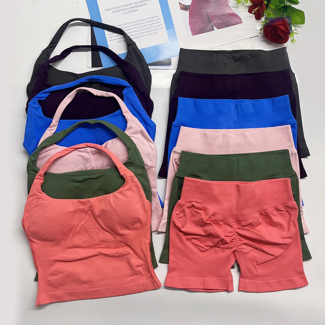 yoga outfits Women 2 pcs Sports DF Impact Set halterneck Backless Halter Top Seamless Scrunch Shorts Gym Workout Sports Suits
