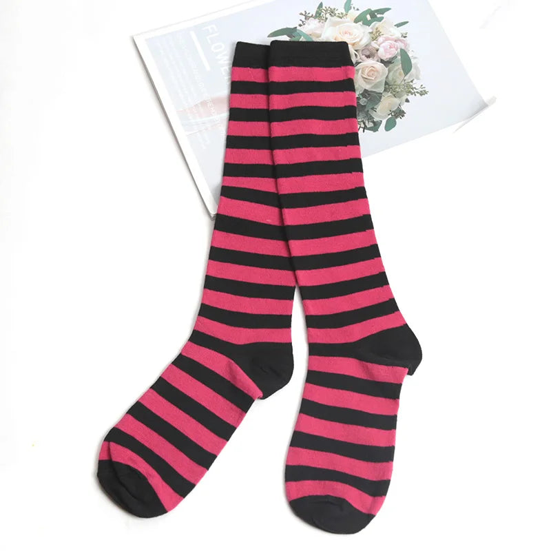 Color Striped Stockings Japanese Knee Socks Fashion Women Keep Warm Sexy Slim Long Socks Black White Striped Hosiery