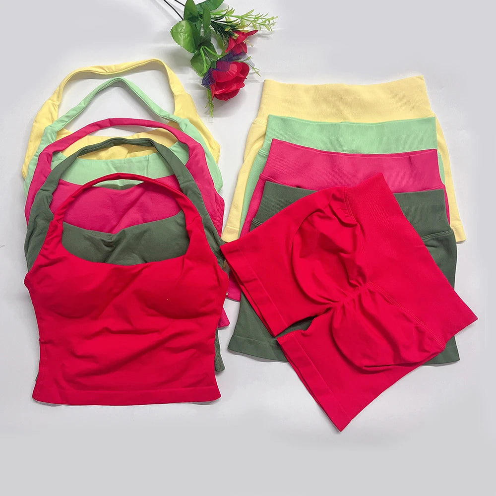 Yoga Outfit DFNNYE Two Pieces Gym Set Women DF Impact Yoga Outfits Backless Halter Top Shorts Fitness Clothes Workout Sets